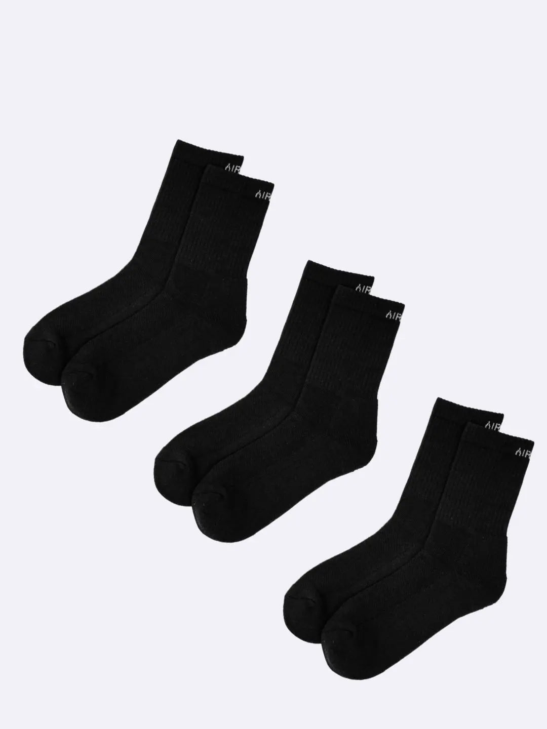 Three pairs of black crew length cotton socks with cushioning for men and women by Air Garb