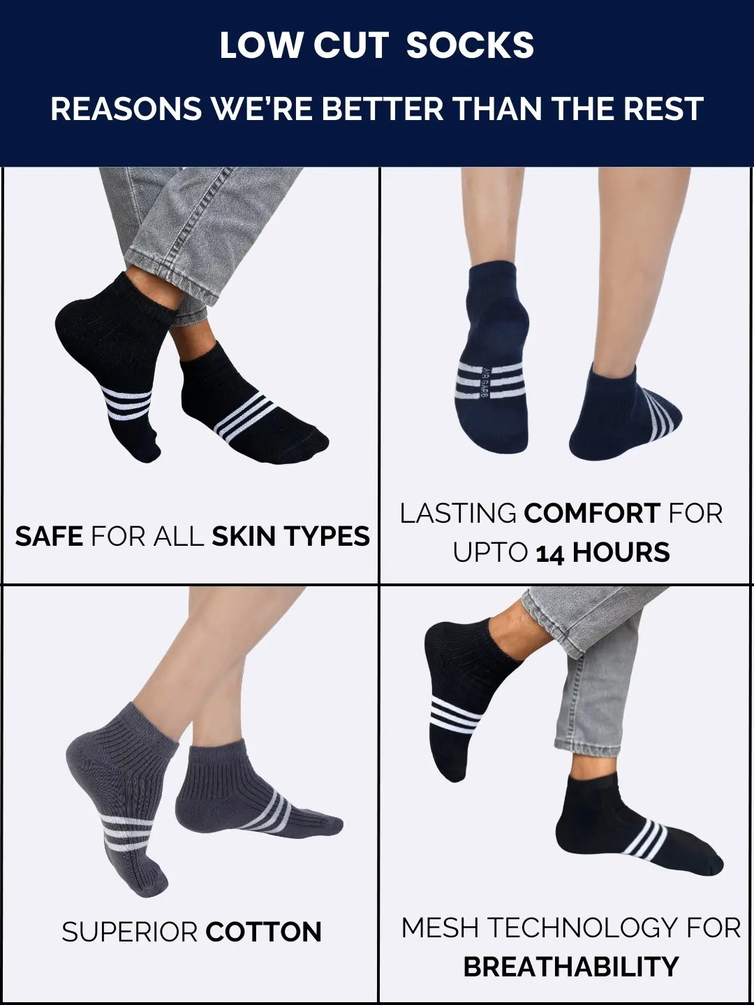  stretchable striped low ankle socks that provide all-day comfort and a secure fit for any activity