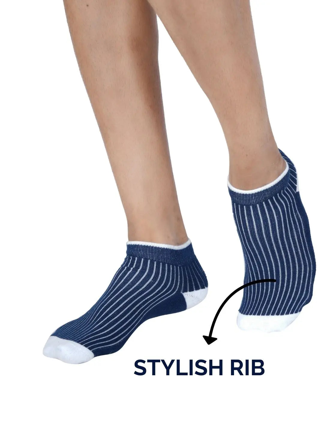 Stretchable ribbed ankle socks offering a snug and secure fit.