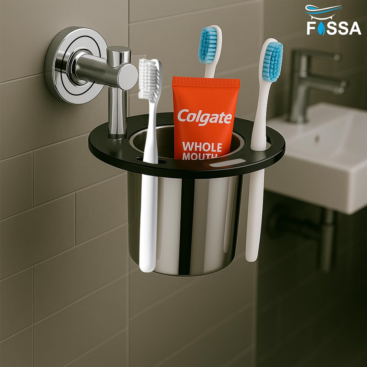 Fossa Brush Holder – Stainless Steel Wall Mounted Tumbler & Toothbrush Holder for Bathroom | Rustproof Organizer & Bathroom Accessories Set | Black + Chrome-1