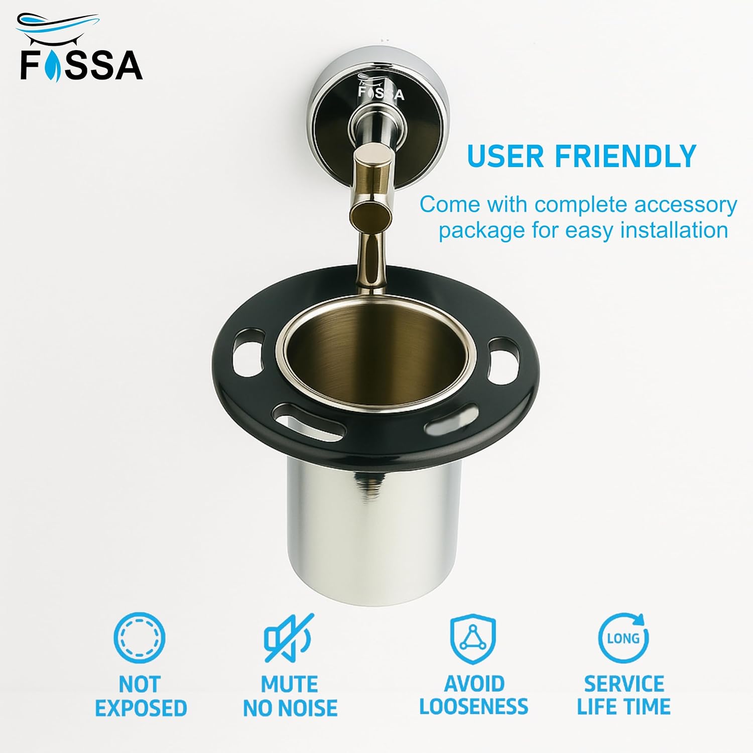 Fossa Brush Holder – Stainless Steel Wall Mounted Tumbler & Toothbrush Holder for Bathroom | Rustproof Organizer & Bathroom Accessories Set | Black + Chrome-3