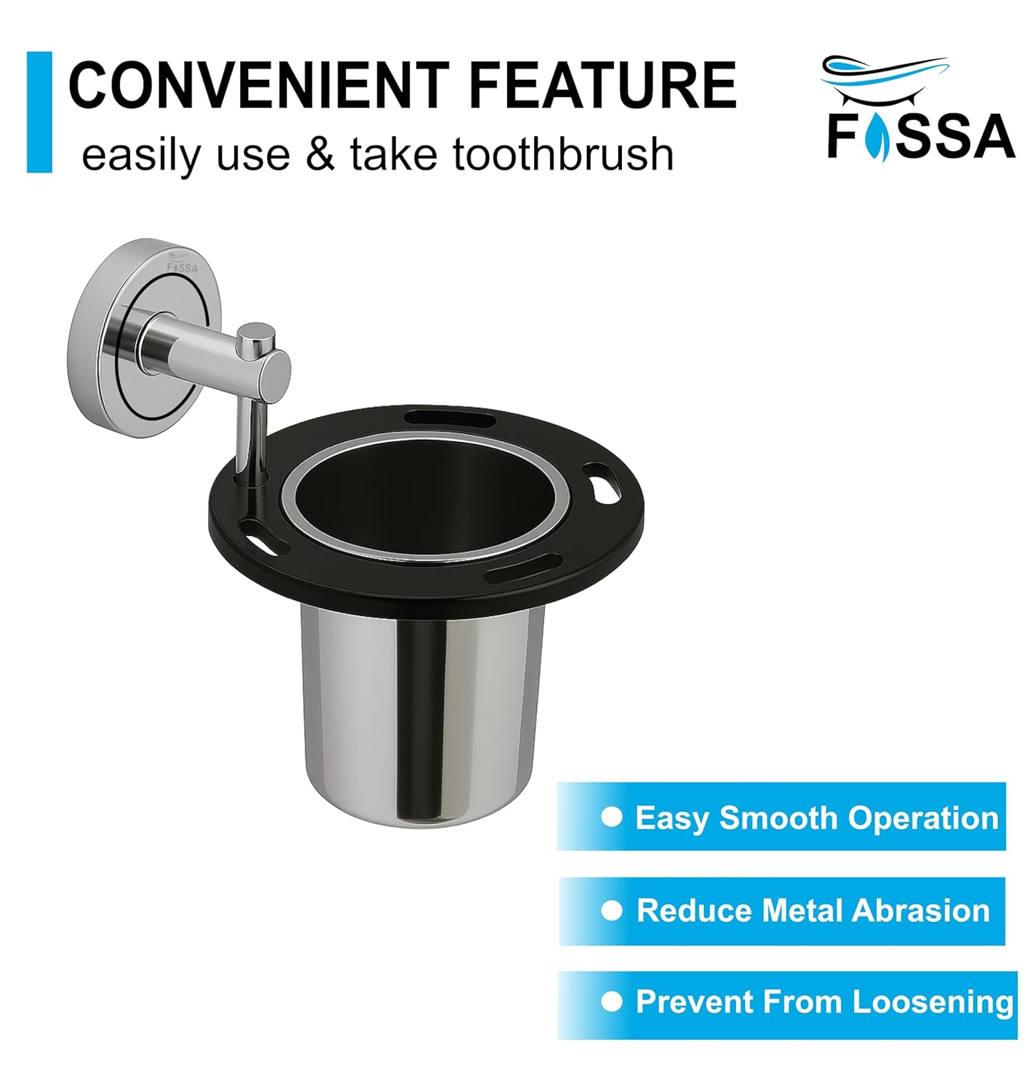 Fossa Brush Holder – Stainless Steel Wall Mounted Tumbler & Toothbrush Holder for Bathroom | Rustproof Organizer & Bathroom Accessories Set | Black + Chrome-4