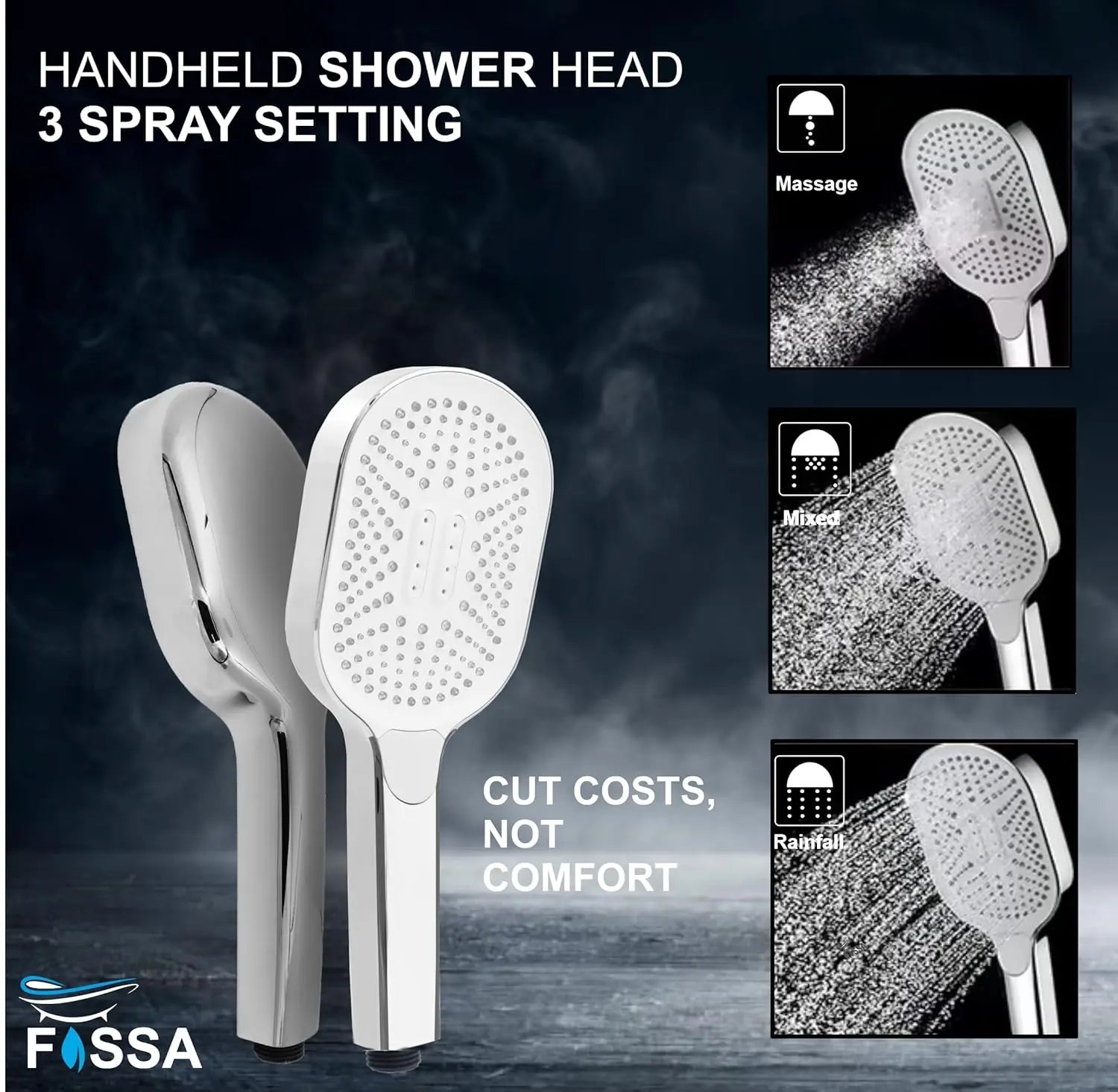 Fossa Thunder White Luxury Handheld Shower Head with 3 Spray Setting Modes, Multi-Function, Large Hand Shower with Wall Hook and 1.5 MTR SS Shower Tube,Handheld Shower for Bathroom (Chrome Finish)-3