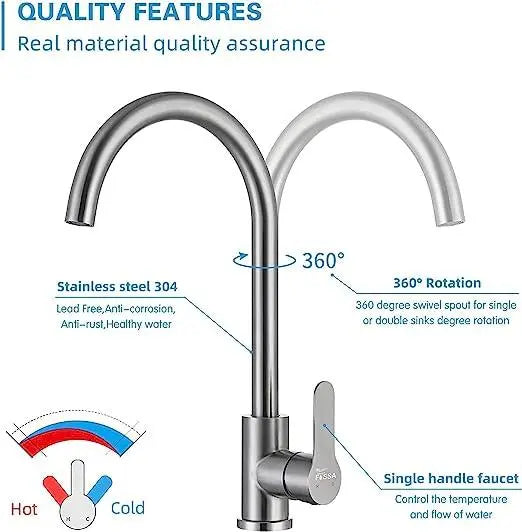 Fossa High Pressure Kitchen Faucet 360° Swivel, Stainless Steel Kitchen Faucet, Kitchen Mixer Tap with High Spout-257mm J bend (Silver)-2