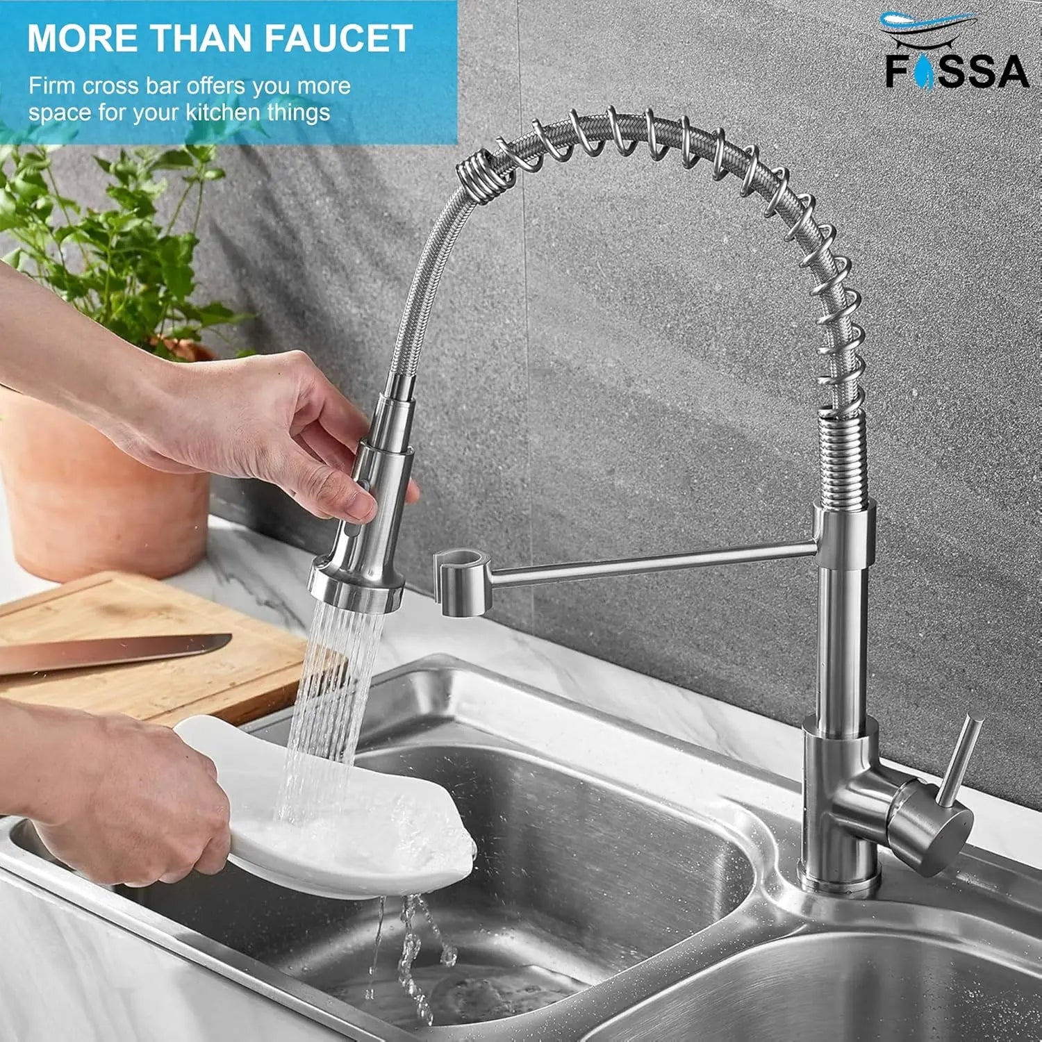 Fossa Kitchen Taps, Kitchen Sink Mixer Tap with Pull Down Sprayer, Kitchen Mixer Taps 1 Hole, 360°Swivel Spring Kitchen Faucet Single Handle Lever, 2 Spray Modes (Chrome Finish) (Silver)-2