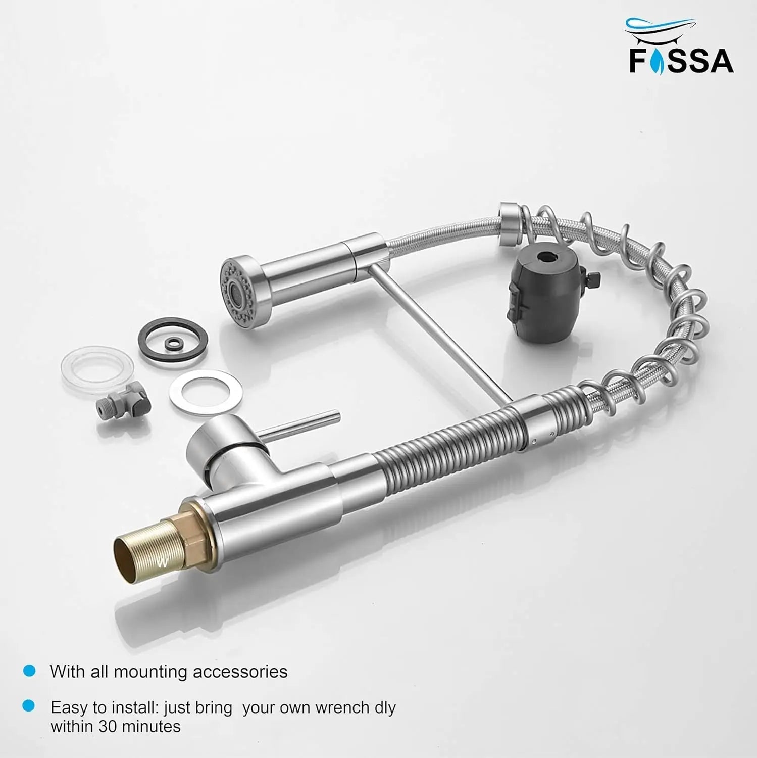 Fossa Kitchen Taps, Kitchen Sink Mixer Tap with Pull Down Sprayer, Kitchen Mixer Taps 1 Hole, 360°Swivel Spring Kitchen Faucet Single Handle Lever, 2 Spray Modes (Chrome Finish) (Silver)-3